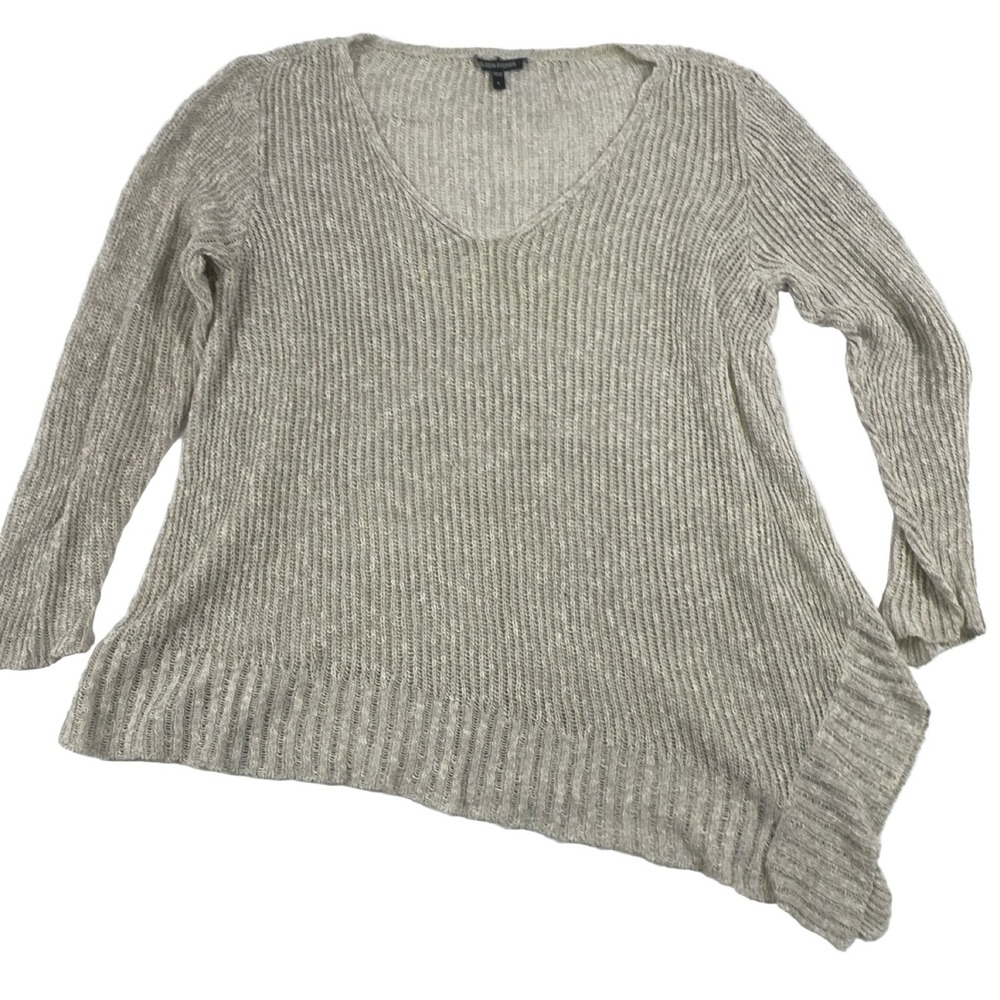 Eileen Fisher V-Neck Asymmetrical Hem Knit Sweater L Beige Linen Blend Sheer